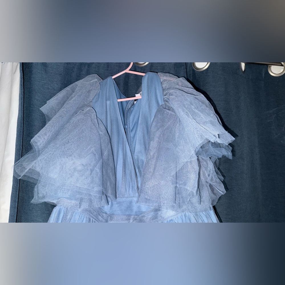 Faeriesty Fairy Dress – Elegant Blue Maternity V-Neck Midi Ruffle Sleeves & Slit - Picture 8 of 16